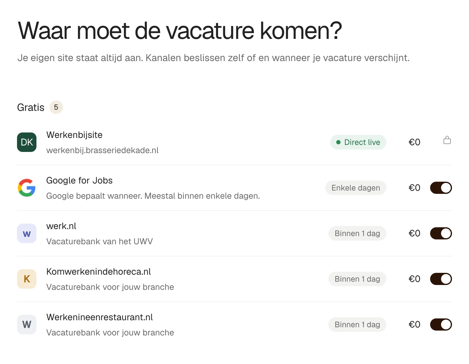 De publicatiestap in Folven: werkenbijsite, Google for Jobs, werk.nl en vacaturebanken voor je branche, allemaal gratis.