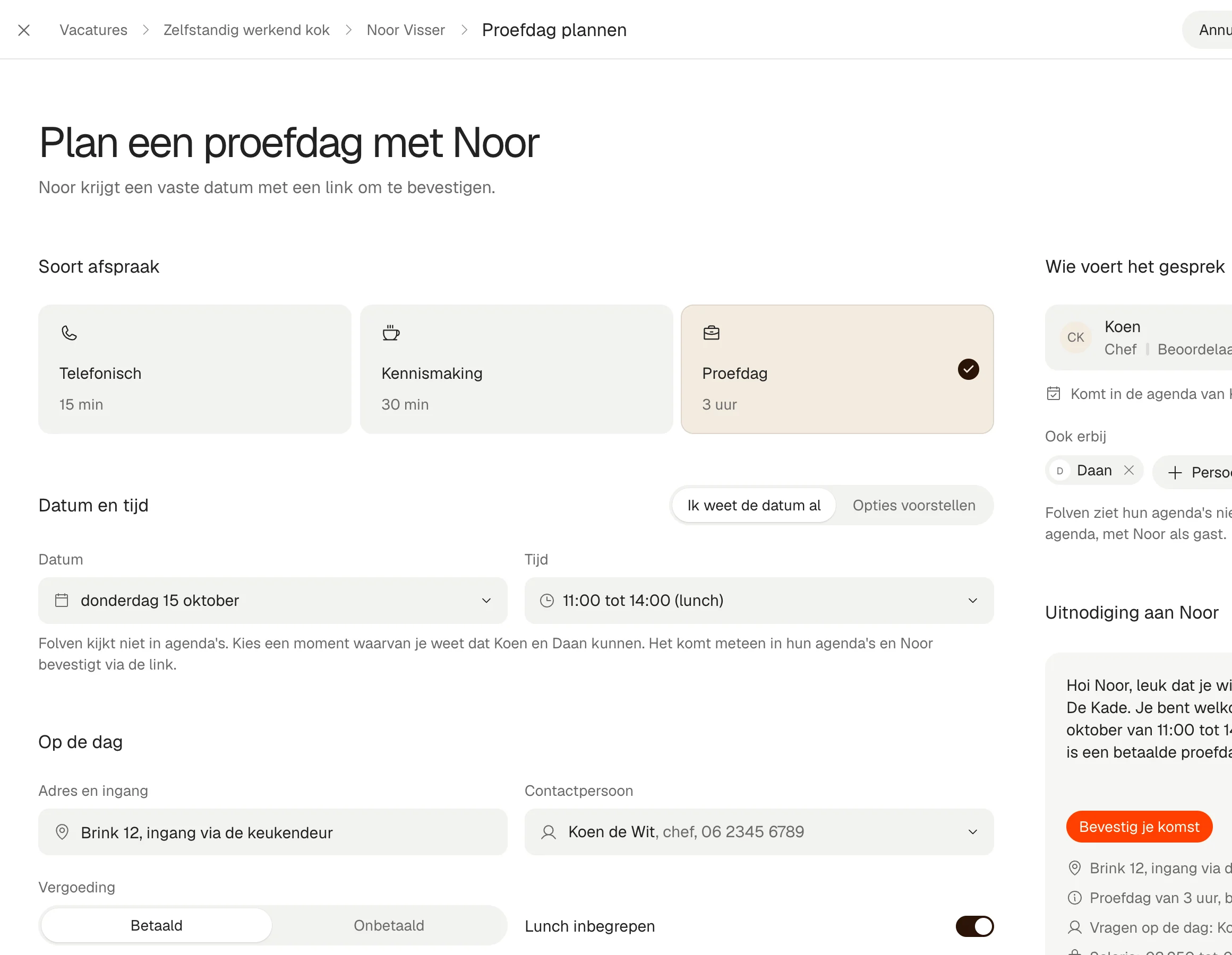 La invitación a un día de prueba para Noor, con el botón Confirmar asistencia, y los recordatorios para Noor y el equipo.